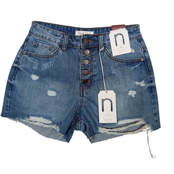 Nature Denim Los Angeles High Rise Distressed Shorts Size XS Button Fly Blue NWT - Picture 1 of 7